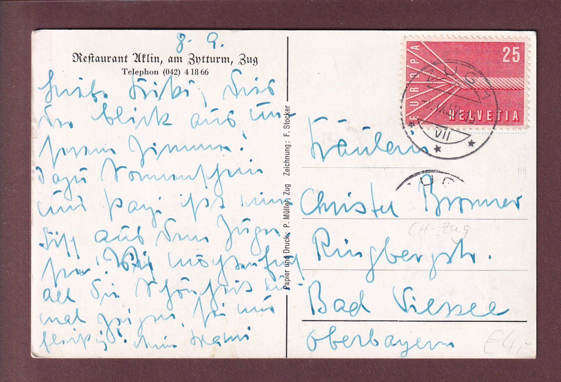 Ansichtskarten: ZUG - Restaurant Aklin - 1957 – Gebraucht aus Pully von nicecards 1