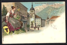 Litho Altdorf, Urnerin vor dem Telldenkm