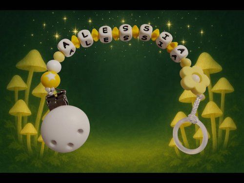 Succhiotti & catenelle porta ciuccio: Silikon- Nuggikette gelb mit Wunschnamen – Nuovo e nell'imballaggio originale da Basadingen venduto da Perlenfee_Schweiz