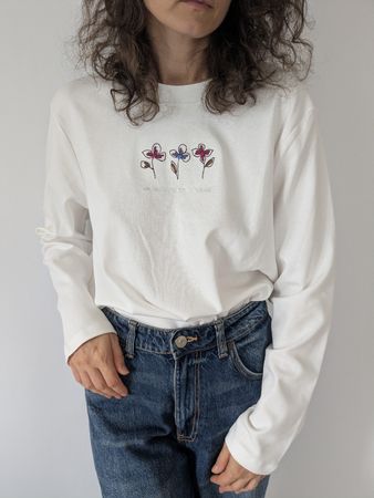 Damen Langarmshirt weiss Grösse XL Blumenstickerei