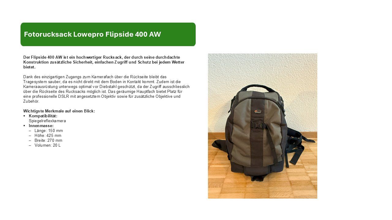 Lowepro Rucksäcke: Fotorucksack Lowepro Flipside 400 AW – Gebraucht aus Stäfa von Franky-Jed