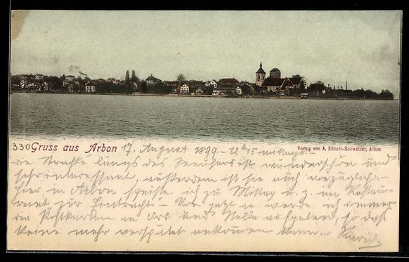 Cartoline postali: Arbon, Panoramablick mit Ort und Kircge – Usato da Berlin venduto da bartko-reher