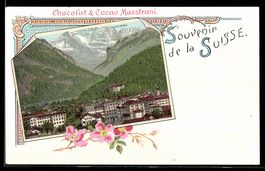 Lithographie Interlaken, Teilansicht der Stadt, Reklame für 