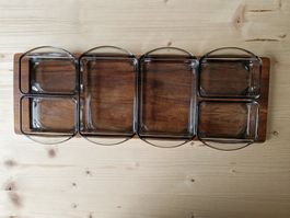 vintage Apéroschalen/Fondue Bourguignonne Schalen Holz/Glas