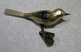 Hübscher, älterer Glas-Vogel, silbern mit blau