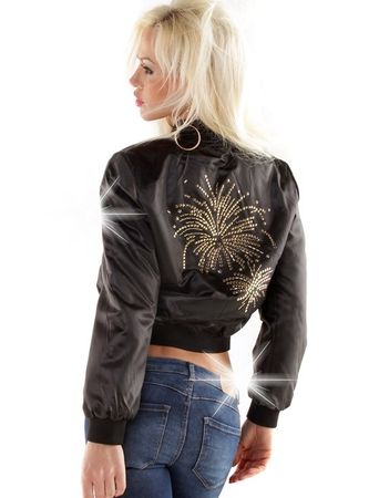Satin Bomberjacke mit Dekosteinchen, schwarz, Grösse 34