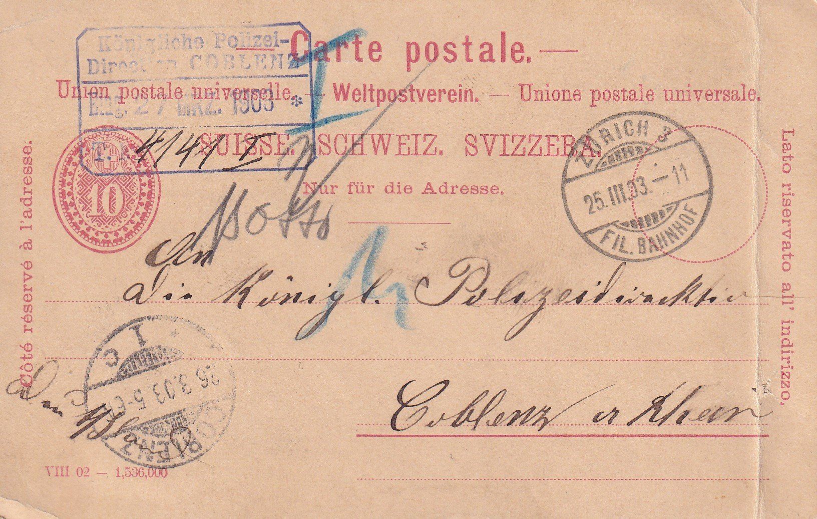 Tutti i francobolli: RAAR Postkarte an "Königliche Polizeidirection Coblenz" – Usato da Samnaun-Compatsch venduto da Muckimu