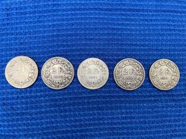 Lot von 5 x 2Fr. 1879, 1886, 1894, 1905, 1911