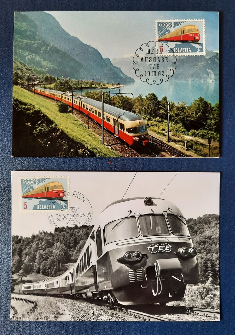 Alle Briefmarken: 2 Maximumkarten Zug TEE, 1962 und 1965 – Gebraucht aus Marly von neu-adlerauge65