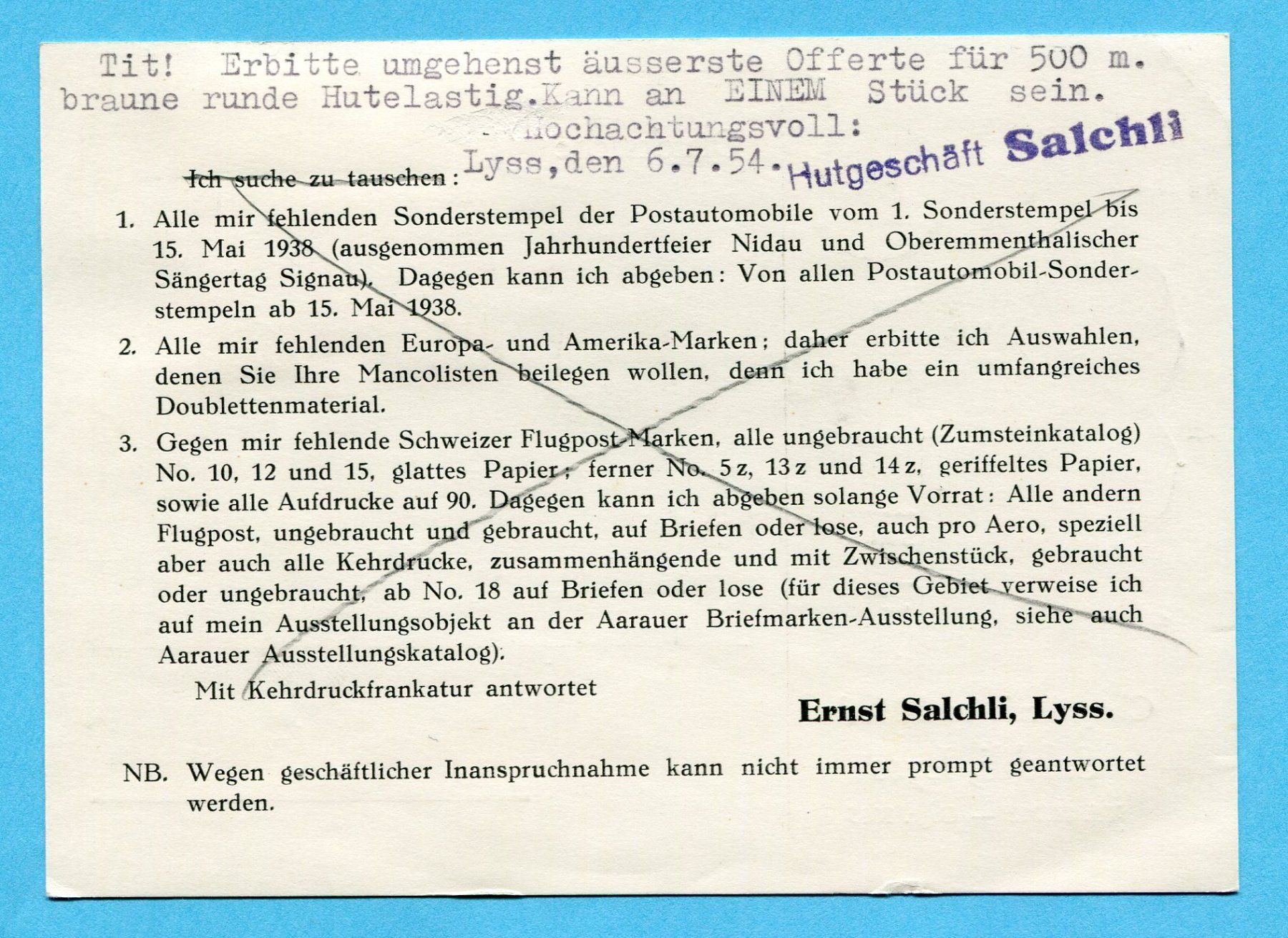 Alle Briefmarken: Illustrierte Postkarte Lyss 1954 - Absender: Ernst Salchli – Gebraucht aus Opfikon von Prophila 1