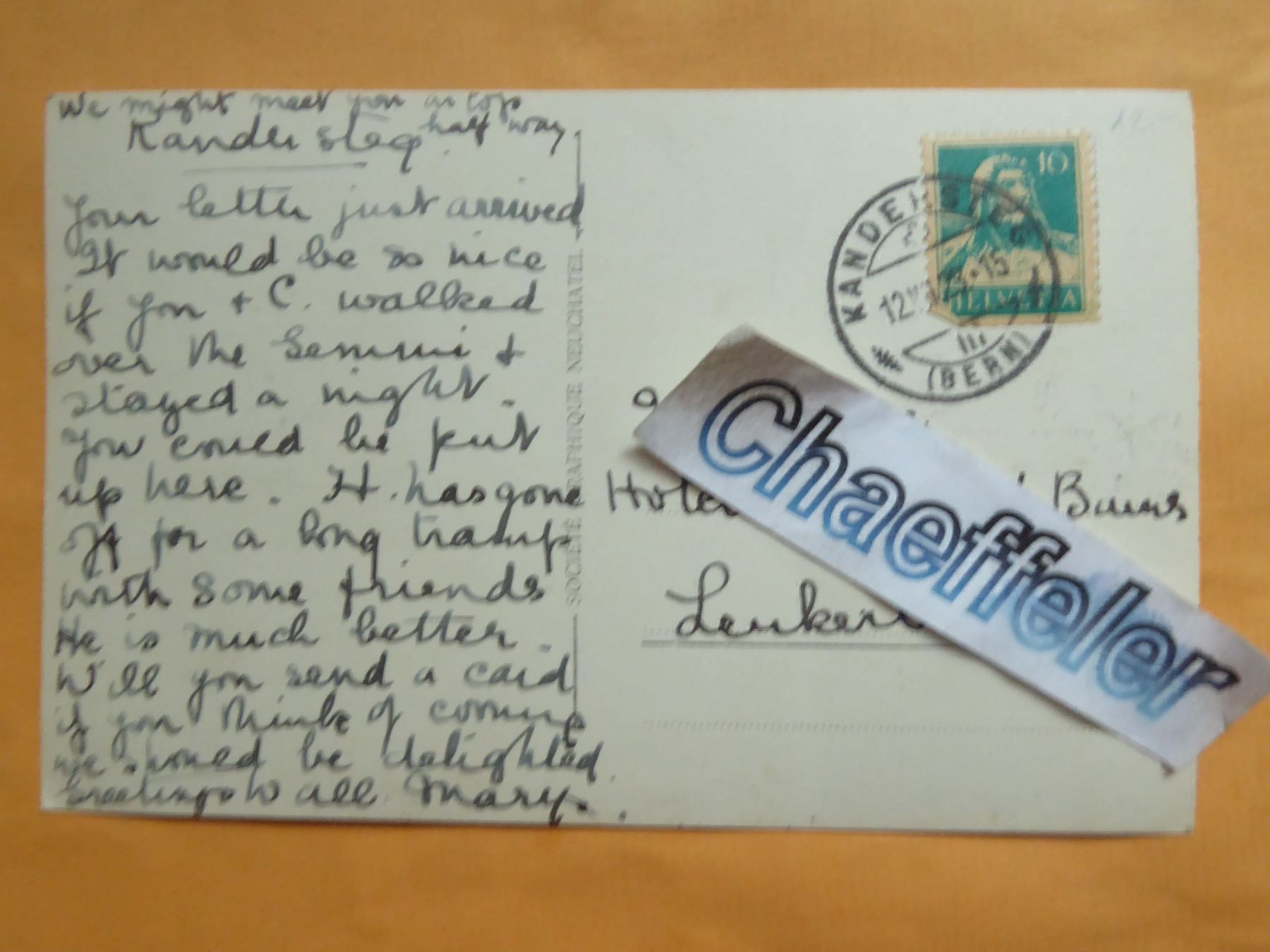 Cartes postales: 1923 Kandersteg. Hotel Bellevue et Central – D'occasion à Zürich par Chaeffeler 1