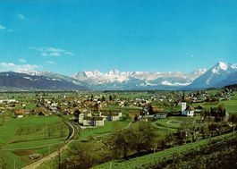 Ansichtskarte Uetendorf mit Berner Alpen, gelaufen