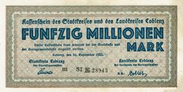 Coblenz 50 Mil.Mark Var.2 SN blau 10.09.1923 VZ+-VZ++