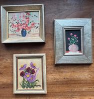 3er Set Vintage Miniatur-Ölgemälden mit Blumen
