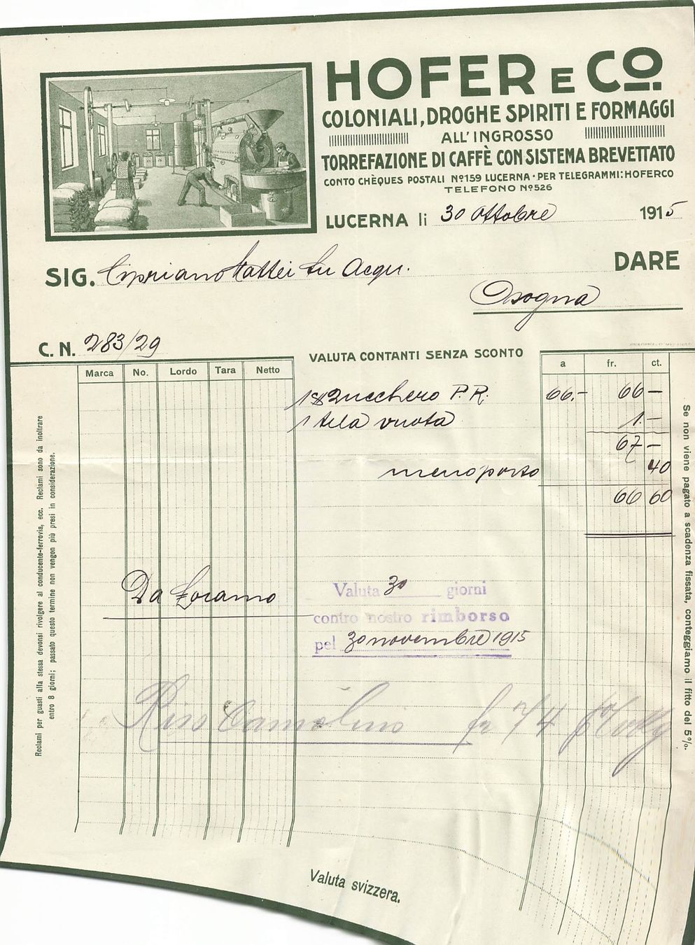 Cartoline postali: Hofer torrefazione caffè Luzern Lithographien Rechnung – Usato da Biasca venduto da Blenio71