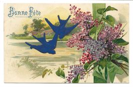 Samt- und Seiden Applikation - Schwalben - Bonne Fête - 1907