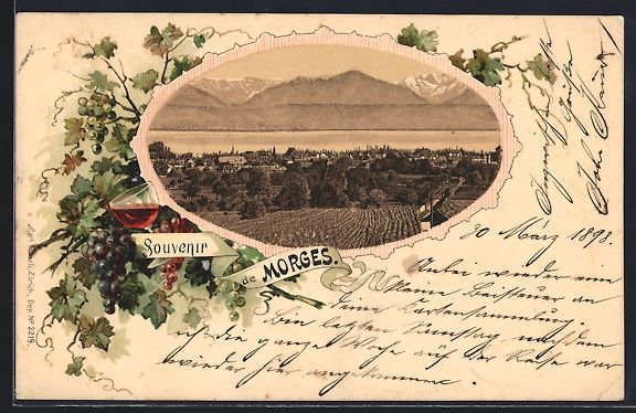 Cartoline postali: Litho Morges, Totalansicht mit Alpenpano – Usato da Berlin venduto da bartko-reher