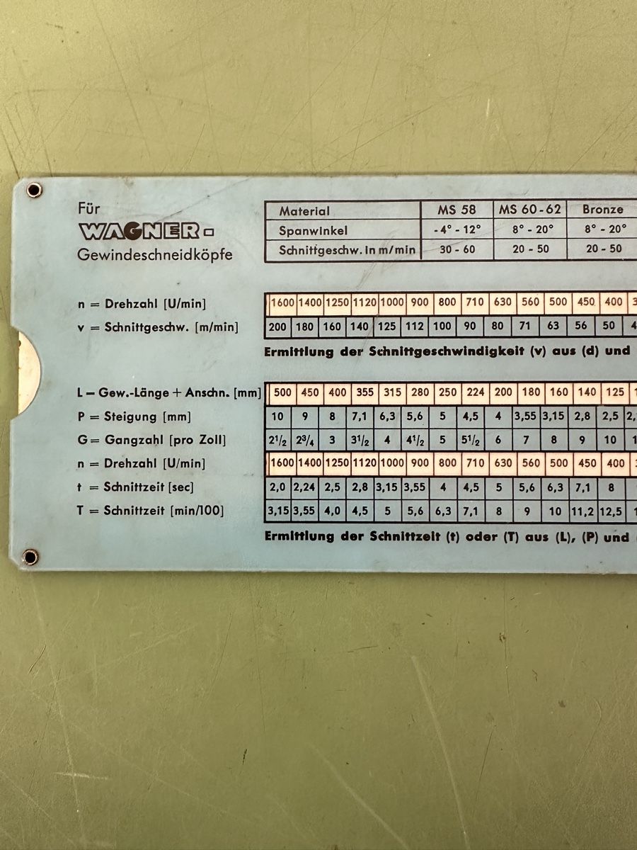 Wagner Tous les outils: Vintage Wagner Thread Cutting Chart. – D'occasion à Aarberg par SNMachines 4
