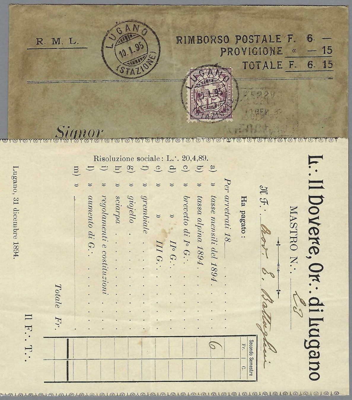 Tutti i francobolli: 1895, E. BATTAGLINI, LOGGIA MASSONICA, IL DOVERE LUGANO – Usato da Pura venduto da ulisse1957