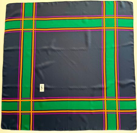 YVES SAINT LAURENT Foulard abstrait, 100% soie, fond bleu