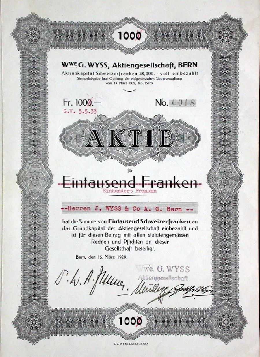 Dokumente: Wwe G. Wyss AG, Bern - 1929 – Gebraucht aus Solothurn von Sgasche