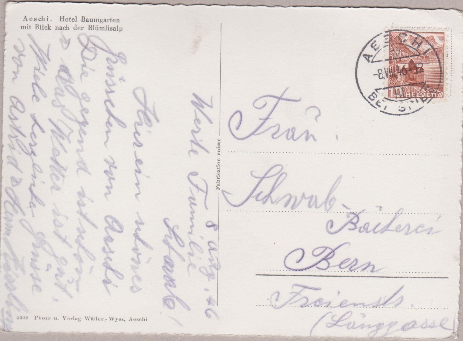 Ansichtskarten: Aeschi, 1946 – Gebraucht aus Spiez von Niesen20 1
