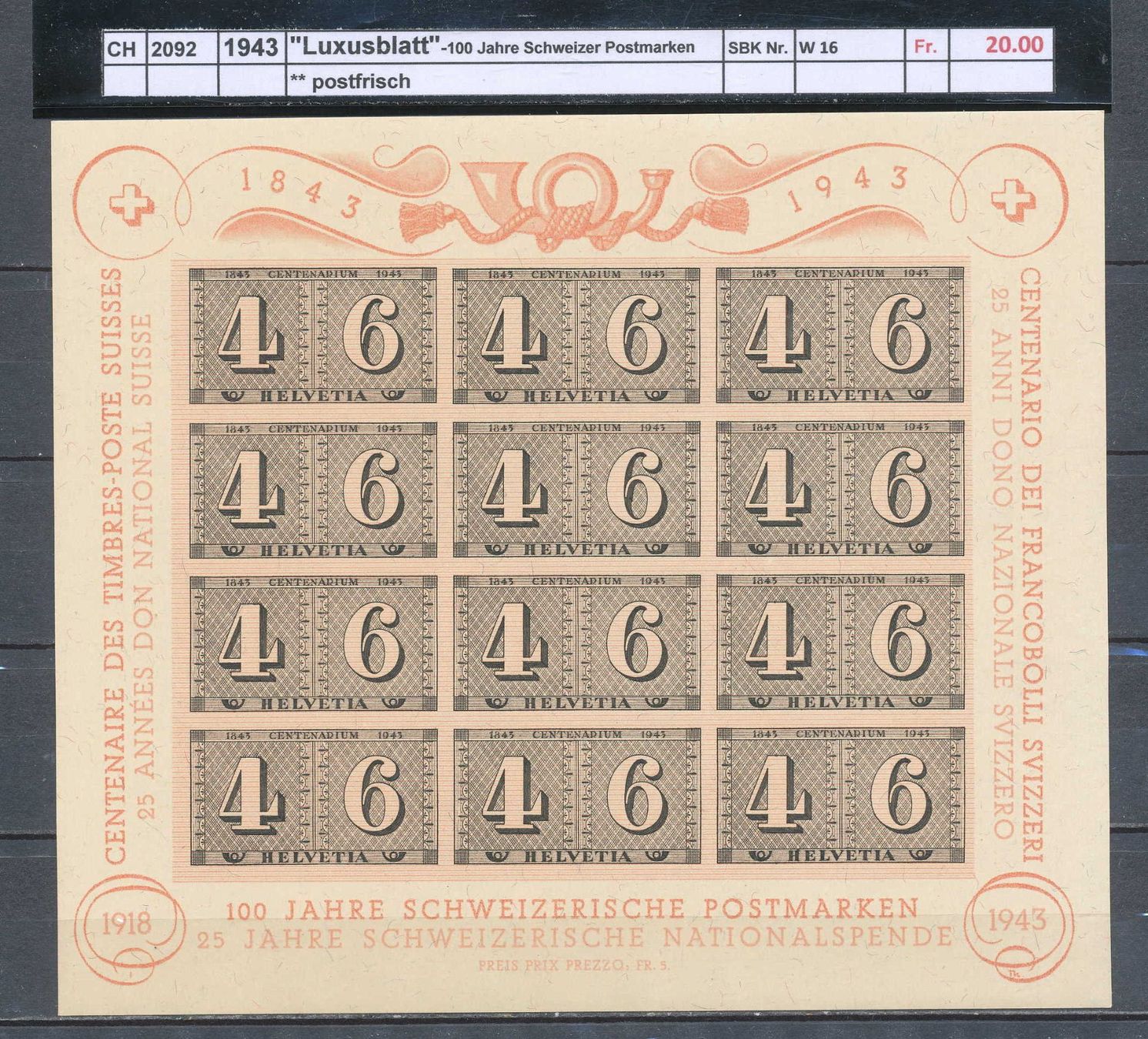 Tutti i francobolli: 1943 "Luxusblatt" - 100 Jahre Schweizer Postmarken, ** – Nuovo (secondo la descrizione) da Winterthur venduto da Zupogeru