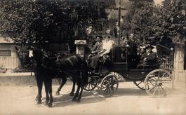 Pferdekutsche. Ehepaar mit Fahrgästen