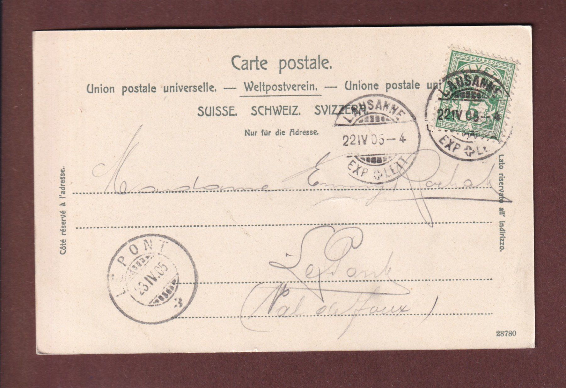 Cartoline postali: LAUSANNE - Terrasse de Montbenon - 1905 – Usato da Pully venduto da nicecards 1