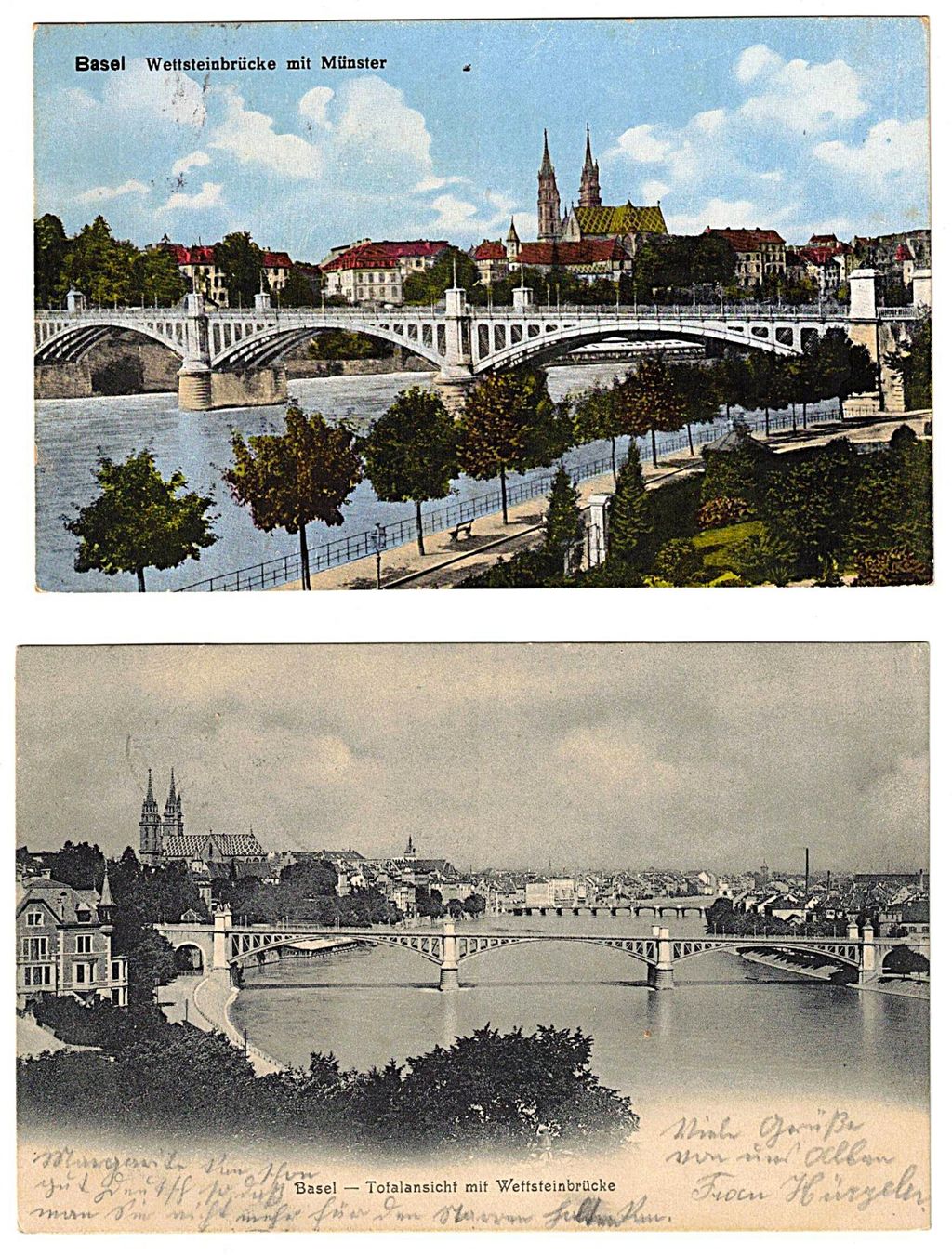 Cartoline postali: 2 Ansischtskarten Wettsteinbrücke Basel - gelaufen – Usato da Gossau ZH venduto da granby