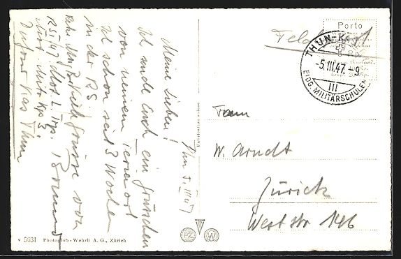 Ansichtskarten: AK Thun, Dufourkaserne, 1947 – Gebraucht aus Berlin von bartko-reher 1