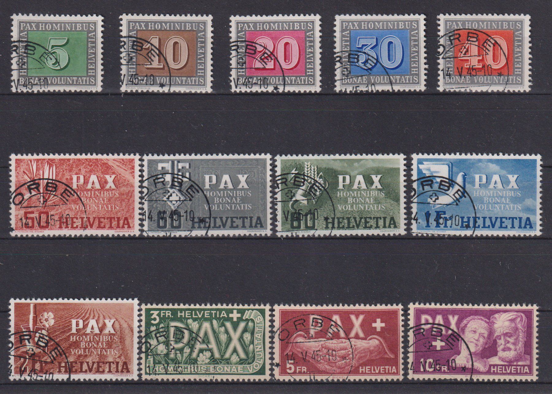 Tutti i francobolli: Schweiz: PAX-Serie 1945 - Kat. 800.-- Befund – Usato da Eschlikon TG venduto da PhilCon