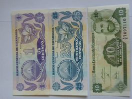 Nicaragua Banknoten Sammlung: 1, 10, 25 Centavos, Neu