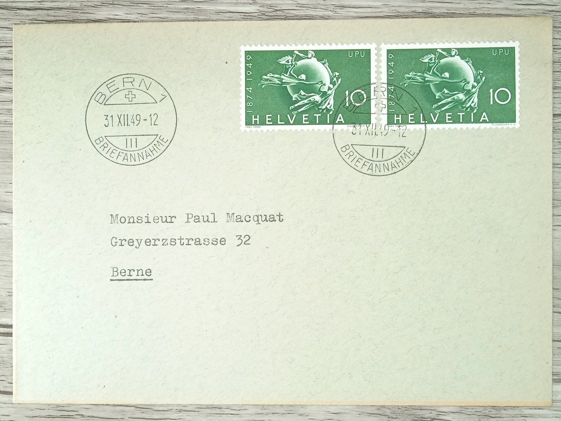Tutti i francobolli: TR03 Enveloppe + Timbre Suisse 1949 – Usato da Cousset venduto da Patrick_Collections