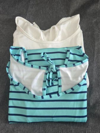 Set: 2x Sommer-Shirt Gr. L – Weiss & Türkis gestreift