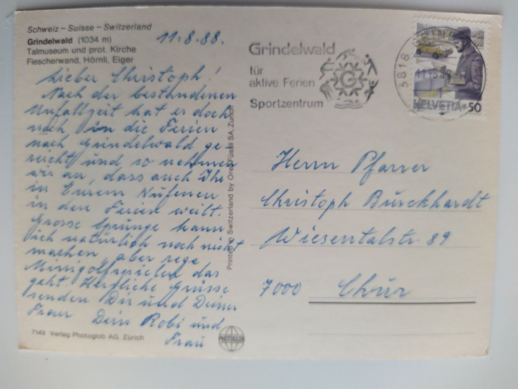Ansichtskarten: Dorfansicht, Oldtimer, Kirche, Berge Sommer 1988 Grindelwald – Gebraucht aus Ohmstal von Lebensfreude05 1