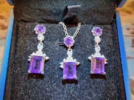 Echte Amethyst Set Ohrringe und Anhänger 925 Silber