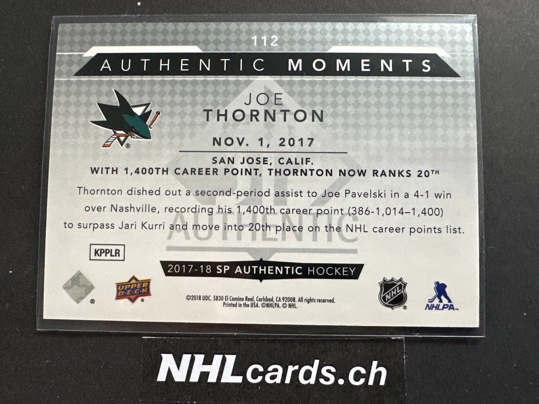 NHL Carte collezionabili: Joe Thornton NHL Authentic Moments Insert Card – Usato da Belp venduto da nhlcards.ch 1