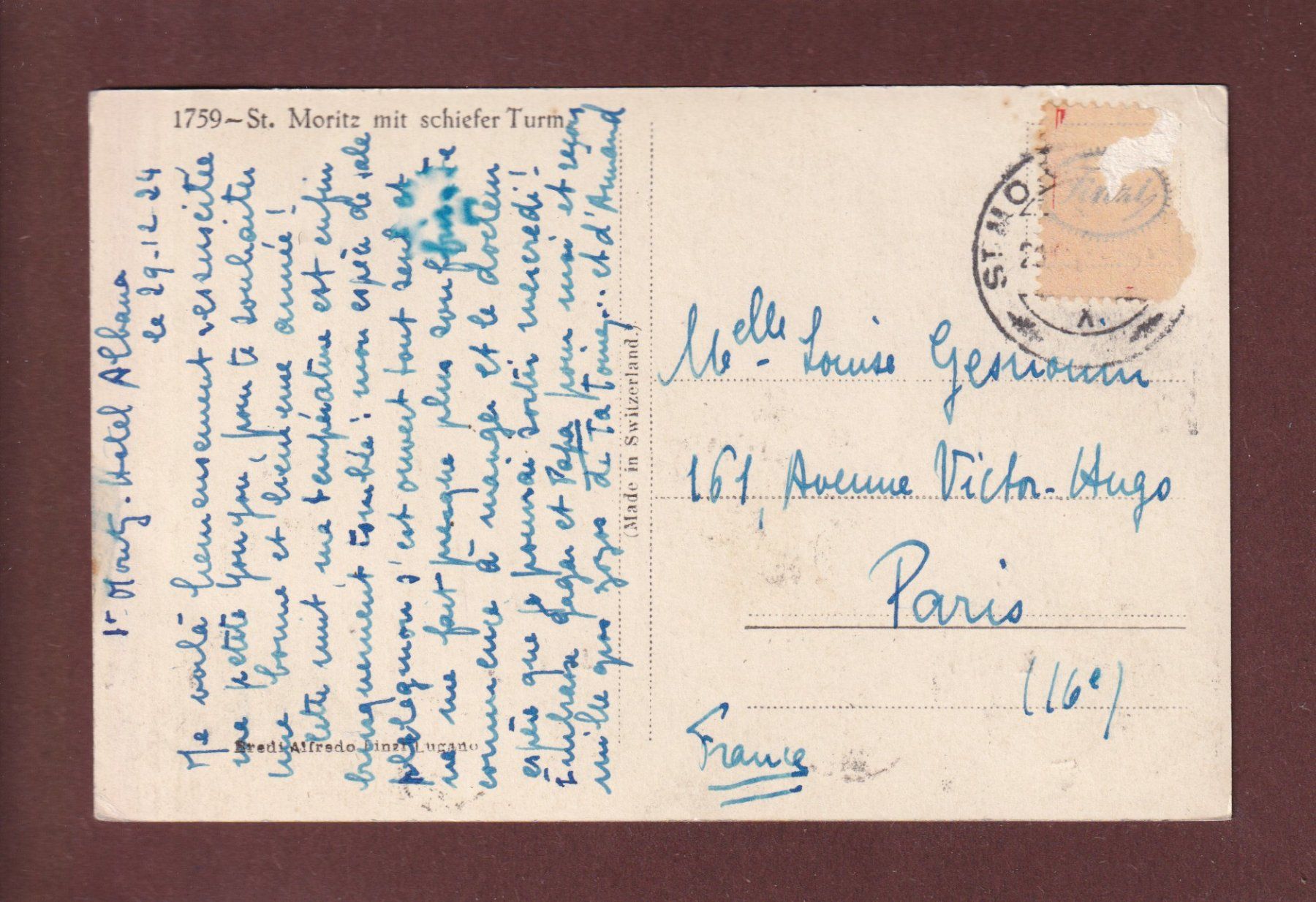 Cartoline postali: ST. MORITZ - Schiefer Turm - 1924 – Usato da Pully venduto da nicecards 1