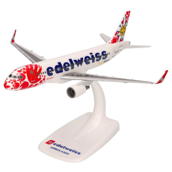 Herpa Maquette d'avion Edelweiss Air Airbus A320 - Échelle miniature 1:200 - Article de collection - Modèle avec support de présentation - Plastique