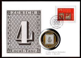 Münzbrief, Briefmarke Züri 4, Medaille vergoldet