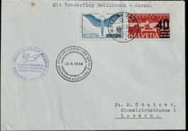 Aarau 1938 Sonderflug Bellinzona Flugpost Brief