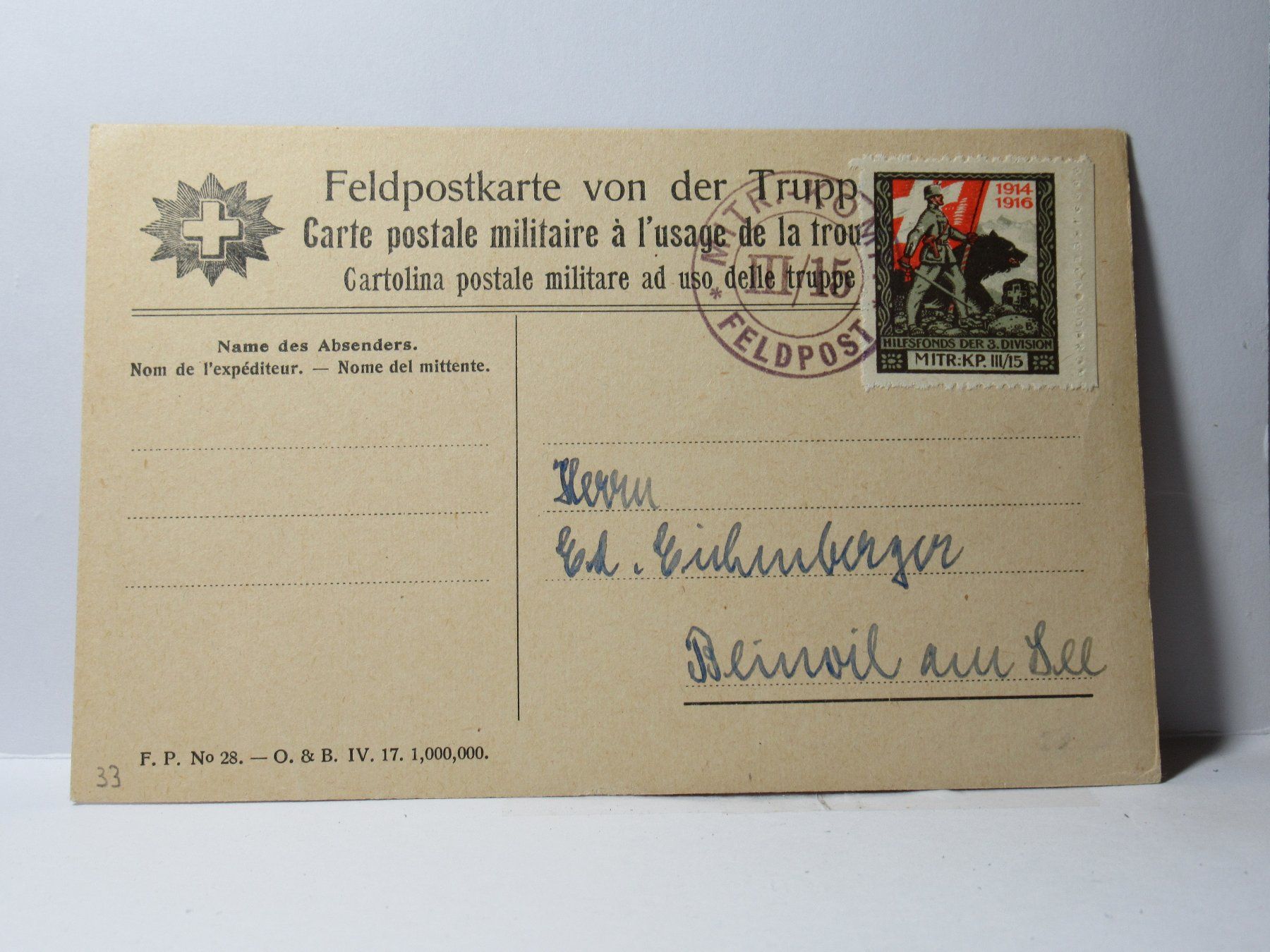 Cartoline postali: Feldpostkarte  1915 – Usato da Grenchen venduto da Bluemchen1900