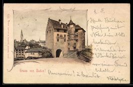 AK Baden, Stadttor mit Häusern und Kirchturm