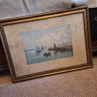 Antikes Bild, See mit Steg, Segelschiff, Boot