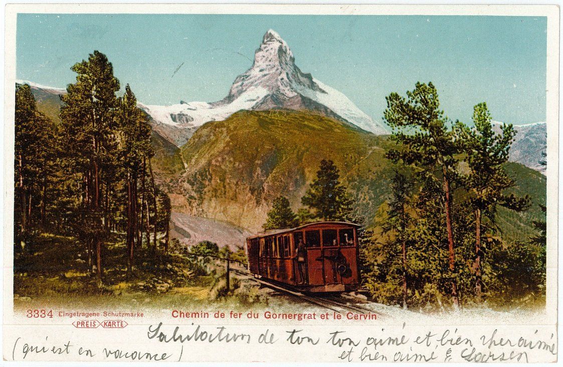 Cartoline postali: E 48 GORNERGRATBAHN UND MATTERHORN BAHNPOST 1907 – Usato da Fribourg venduto da philafri
