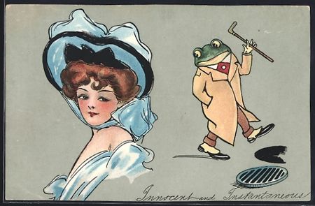 Frosch im Mantel winkt einer Dame zu und