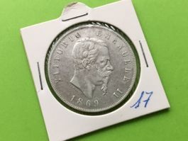 5 Lire Silbermünze ,Vittorio Emanuele ll 1869 M.