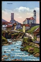 AK Hospental, Ort mit Kirche und Burgturm an einem Fluss