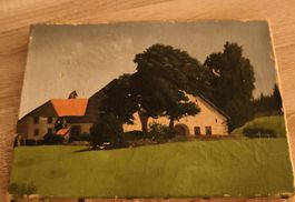 Peinture ancienne paysage maison et arbre usagé